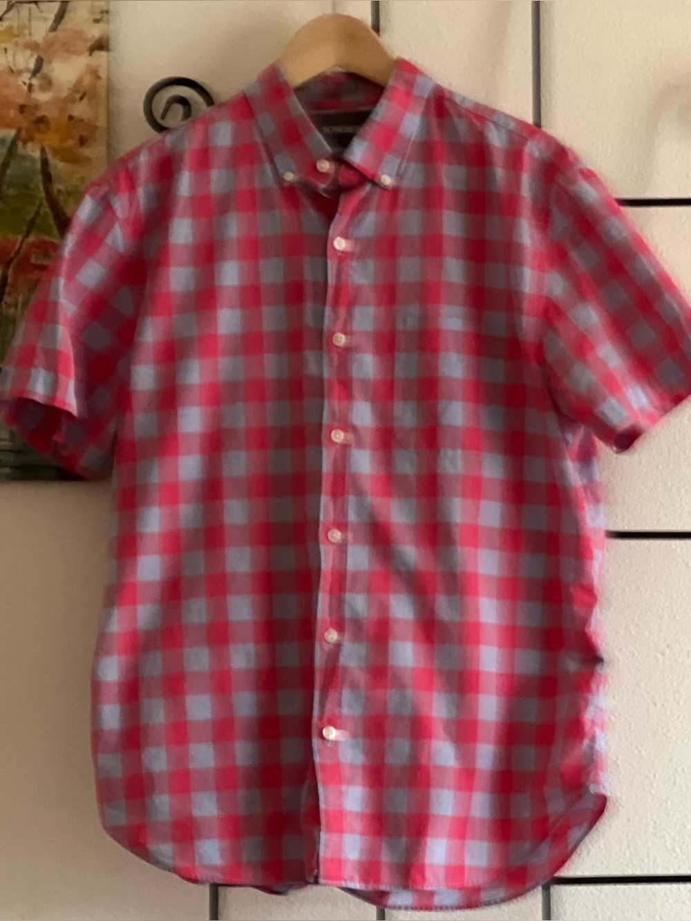 Men's Bonobos Short-Sleeve Check Button-Down Shirt - Pink & Light Blue, Size Med - Picture 1 of 6
